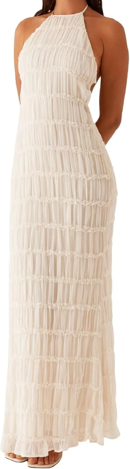 Women Summer Backless Beach Maxi Dress Spaghetti Strap Sleeveless Smocked Tulle Flowy Vacation Long Dress