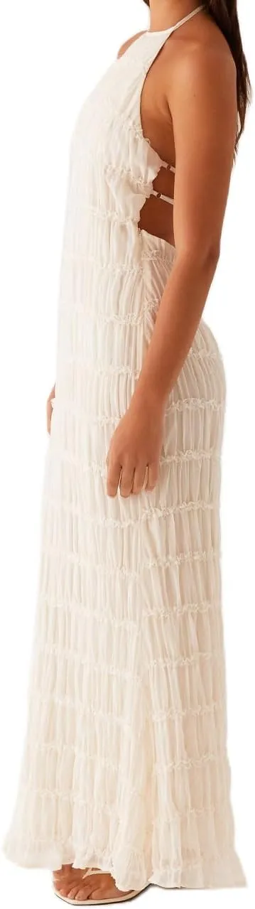 Women Summer Backless Beach Maxi Dress Spaghetti Strap Sleeveless Smocked Tulle Flowy Vacation Long Dress