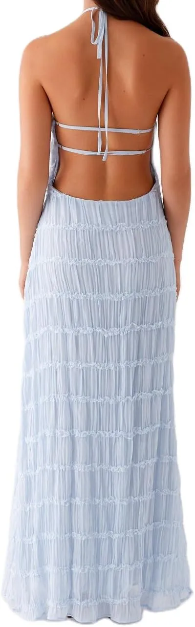 Women Summer Backless Beach Maxi Dress Spaghetti Strap Sleeveless Smocked Tulle Flowy Vacation Long Dress
