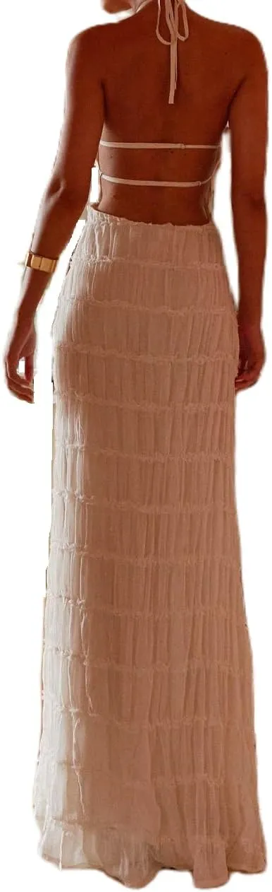Women Summer Backless Beach Maxi Dress Spaghetti Strap Sleeveless Smocked Tulle Flowy Vacation Long Dress