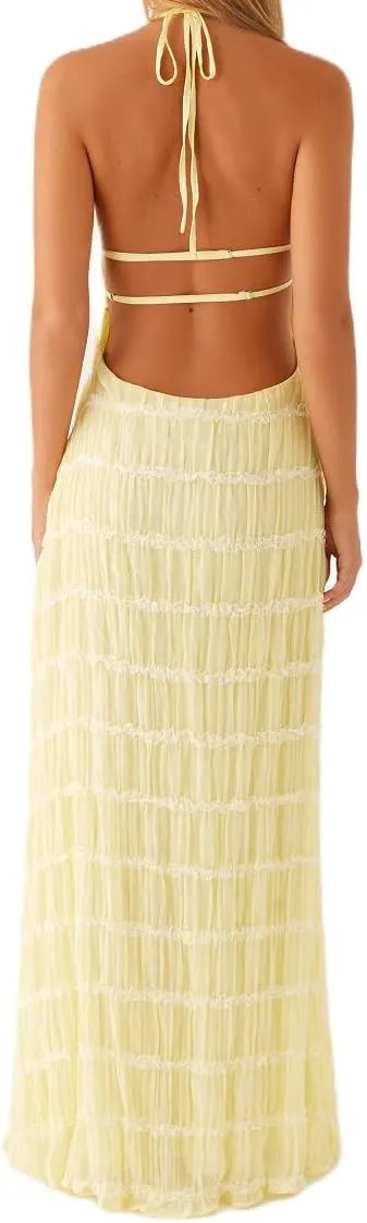Women Summer Backless Beach Maxi Dress Spaghetti Strap Sleeveless Smocked Tulle Flowy Vacation Long Dress