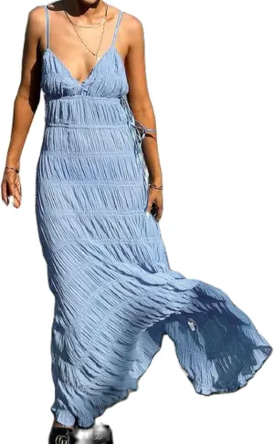 Women Summer Backless Beach Maxi Dress Spaghetti Strap Sleeveless Smocked Tulle Flowy Vacation Long Dress
