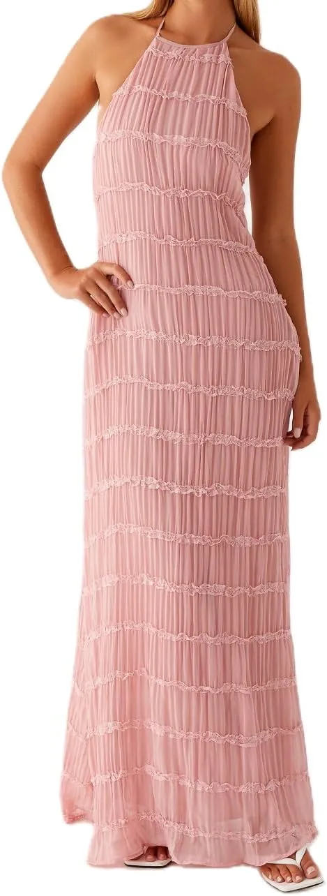 Women Summer Backless Beach Maxi Dress Spaghetti Strap Sleeveless Smocked Tulle Flowy Vacation Long Dress