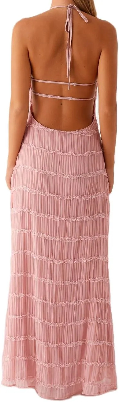 Women Summer Backless Beach Maxi Dress Spaghetti Strap Sleeveless Smocked Tulle Flowy Vacation Long Dress