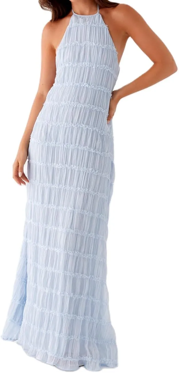 Women Summer Backless Beach Maxi Dress Spaghetti Strap Sleeveless Smocked Tulle Flowy Vacation Long Dress