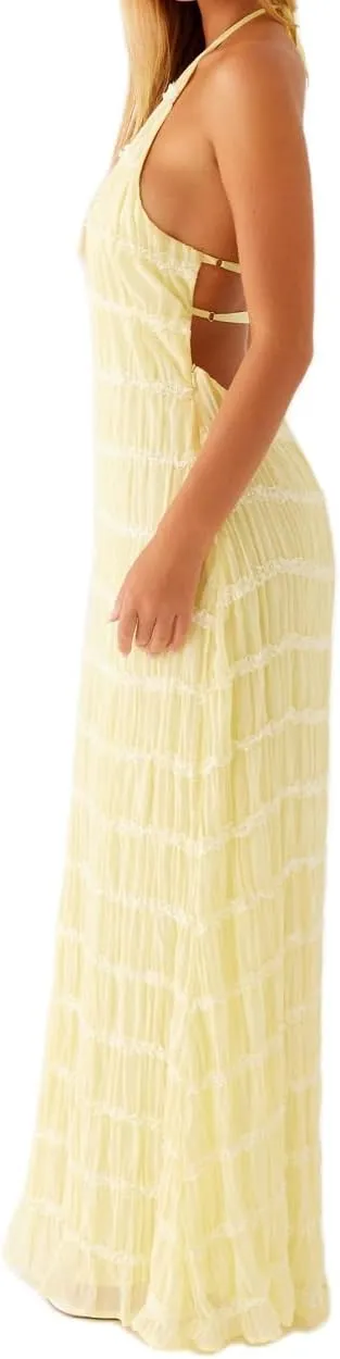 Women Summer Backless Beach Maxi Dress Spaghetti Strap Sleeveless Smocked Tulle Flowy Vacation Long Dress