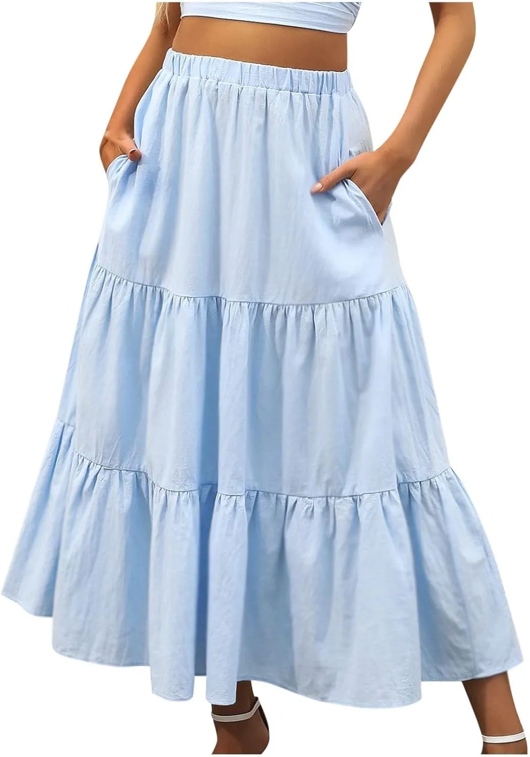 Women Summer Boho Skirt Flowy Ruffle Skirts with Pockets A-Line Midi Skirt Tiered Pleated Skirts Elastic Waist Skirt