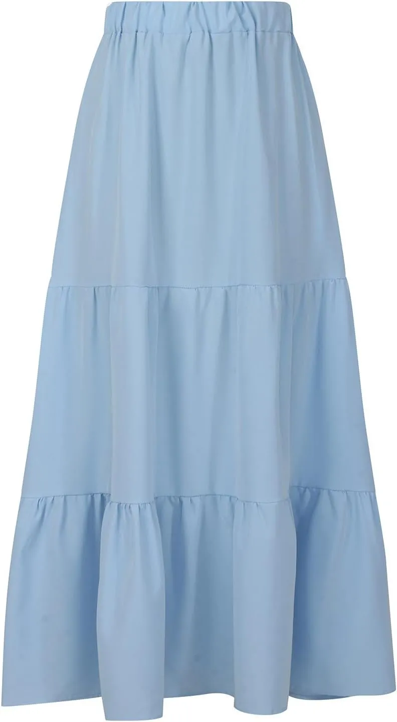 Women Summer Boho Skirt Flowy Ruffle Skirts with Pockets A-Line Midi Skirt Tiered Pleated Skirts Elastic Waist Skirt