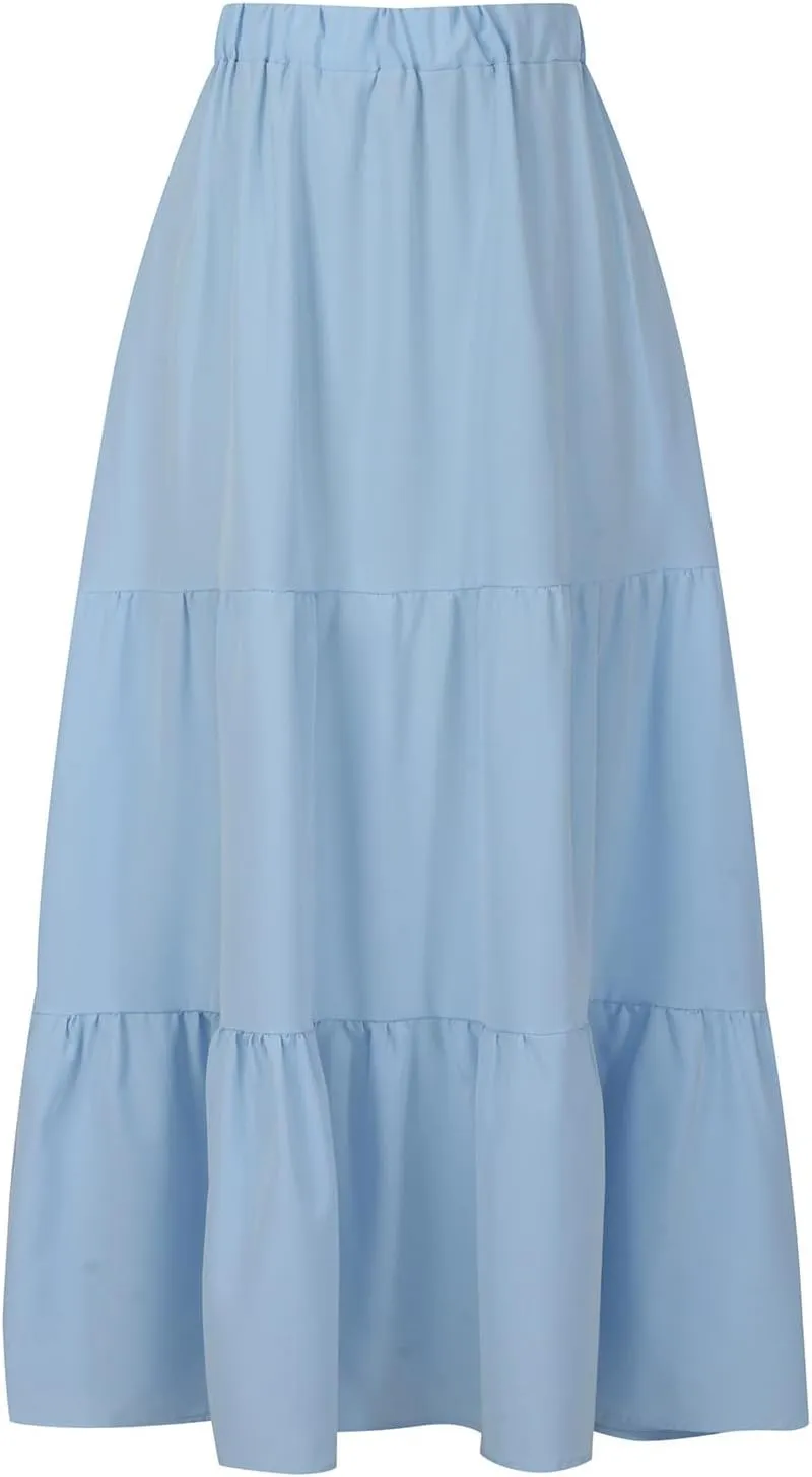 Women Summer Boho Skirt Flowy Ruffle Skirts with Pockets A-Line Midi Skirt Tiered Pleated Skirts Elastic Waist Skirt