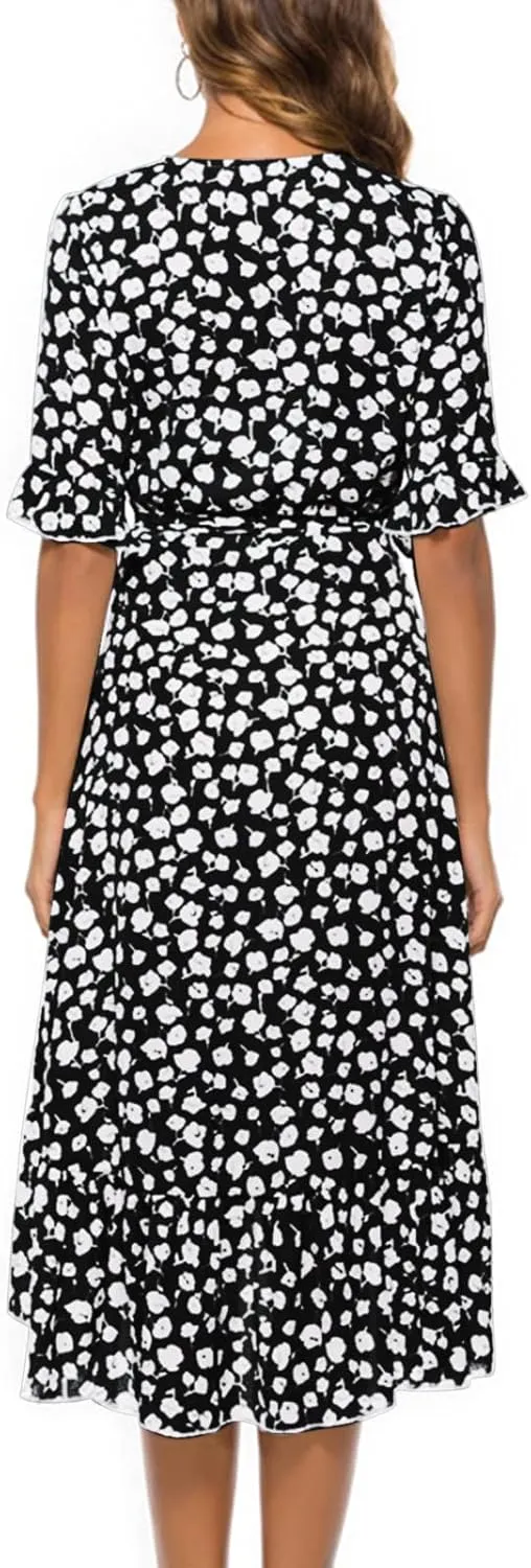 Women Summer Midi Dresses Casual Bohemian Floral Print Wrap V Neck Elbow Sleeve Beach Party Ruffle Midi Dress Sundress