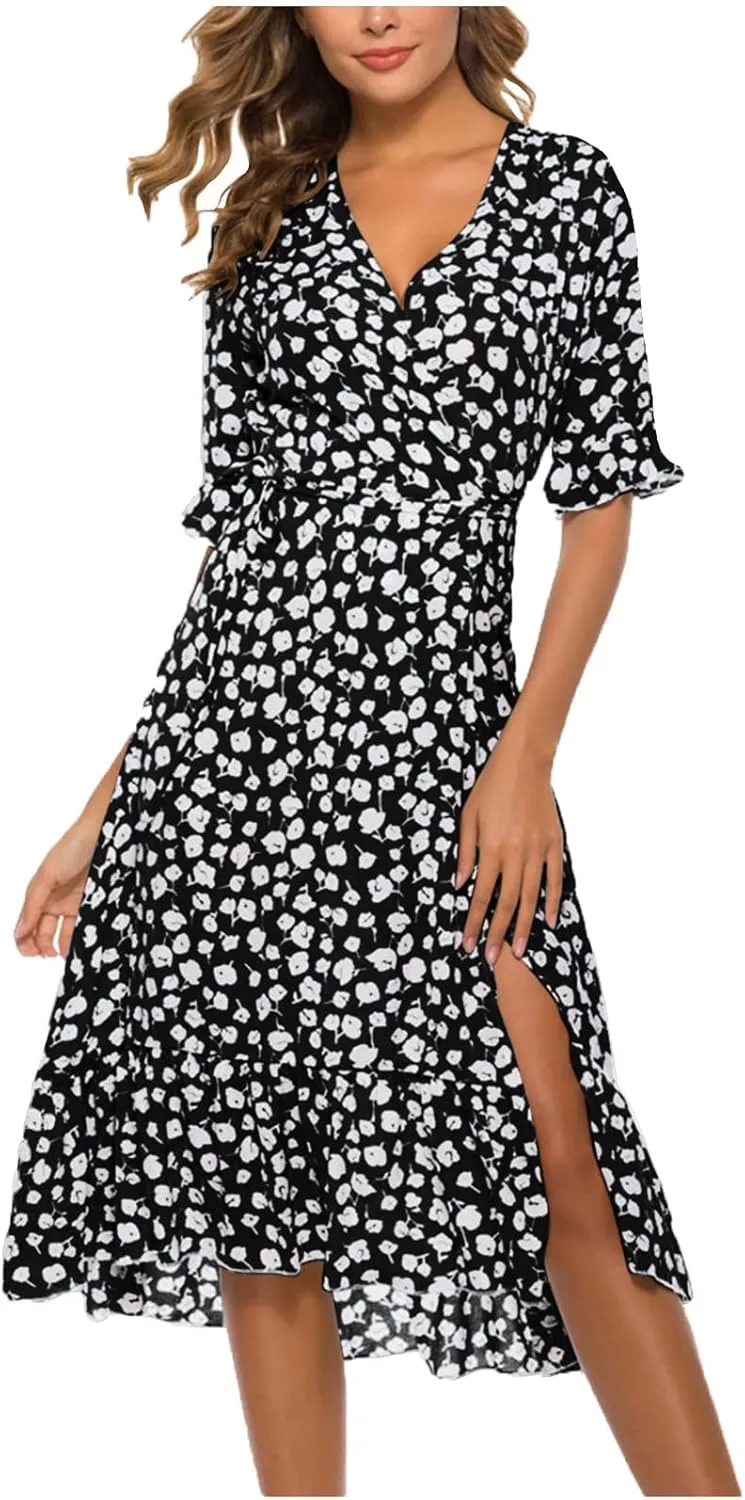 Women Summer Midi Dresses Casual Bohemian Floral Print Wrap V Neck Elbow Sleeve Beach Party Ruffle Midi Dress Sundress