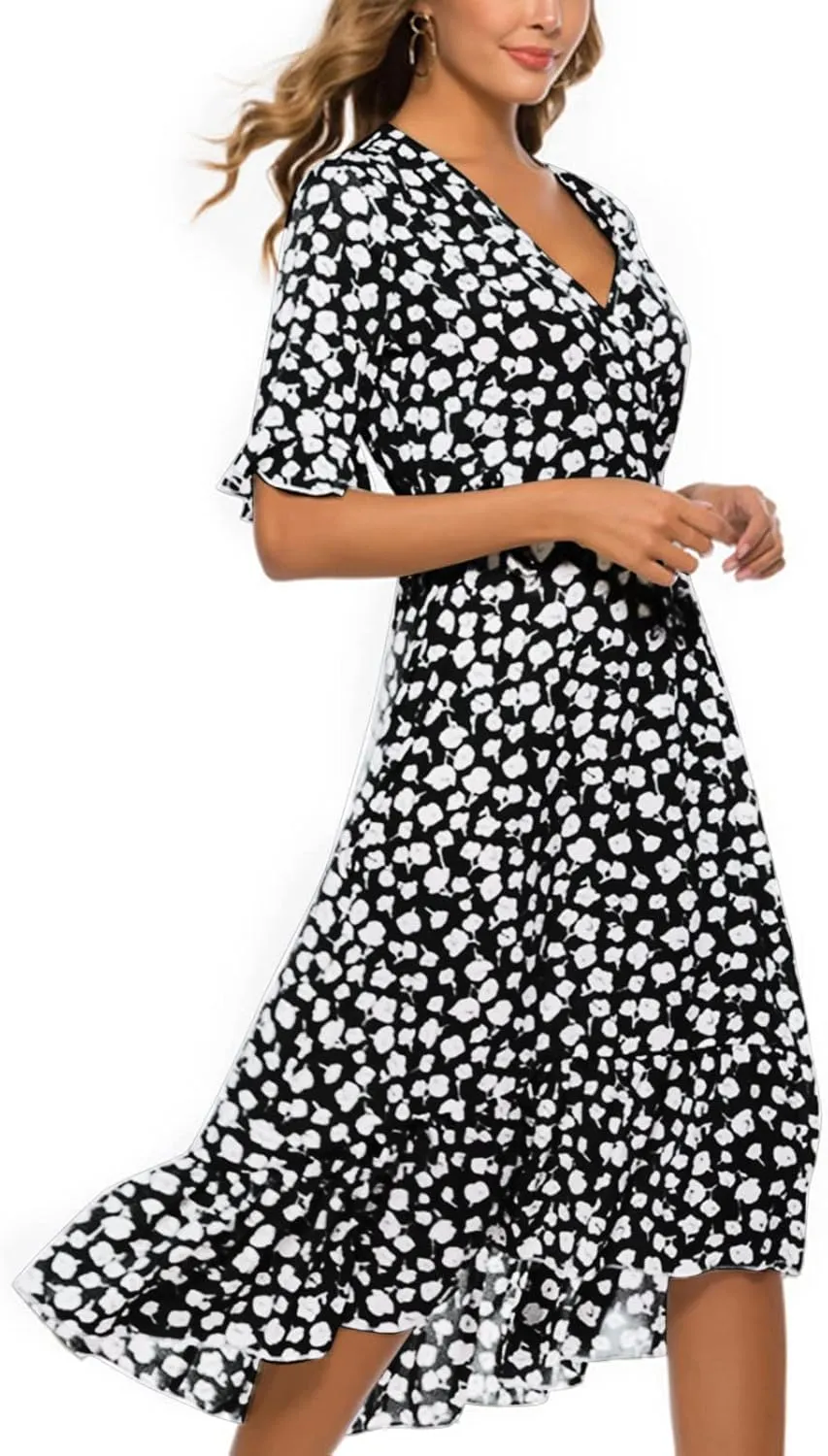 Women Summer Midi Dresses Casual Bohemian Floral Print Wrap V Neck Elbow Sleeve Beach Party Ruffle Midi Dress Sundress