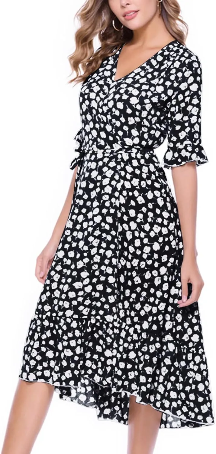 Women Summer Midi Dresses Casual Bohemian Floral Print Wrap V Neck Elbow Sleeve Beach Party Ruffle Midi Dress Sundress