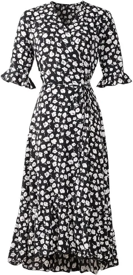 Women Summer Midi Dresses Casual Bohemian Floral Print Wrap V Neck Elbow Sleeve Beach Party Ruffle Midi Dress Sundress