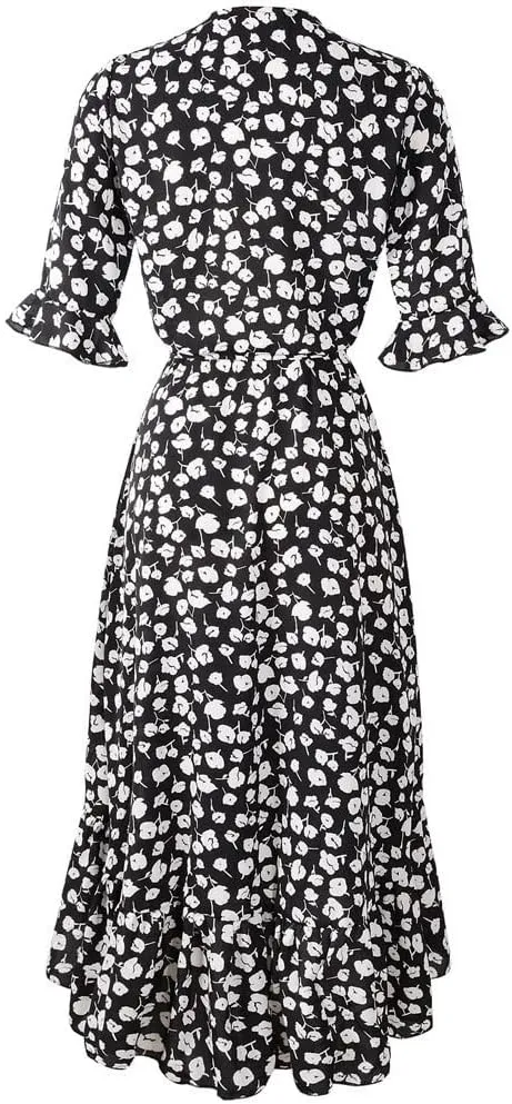Women Summer Midi Dresses Casual Bohemian Floral Print Wrap V Neck Elbow Sleeve Beach Party Ruffle Midi Dress Sundress