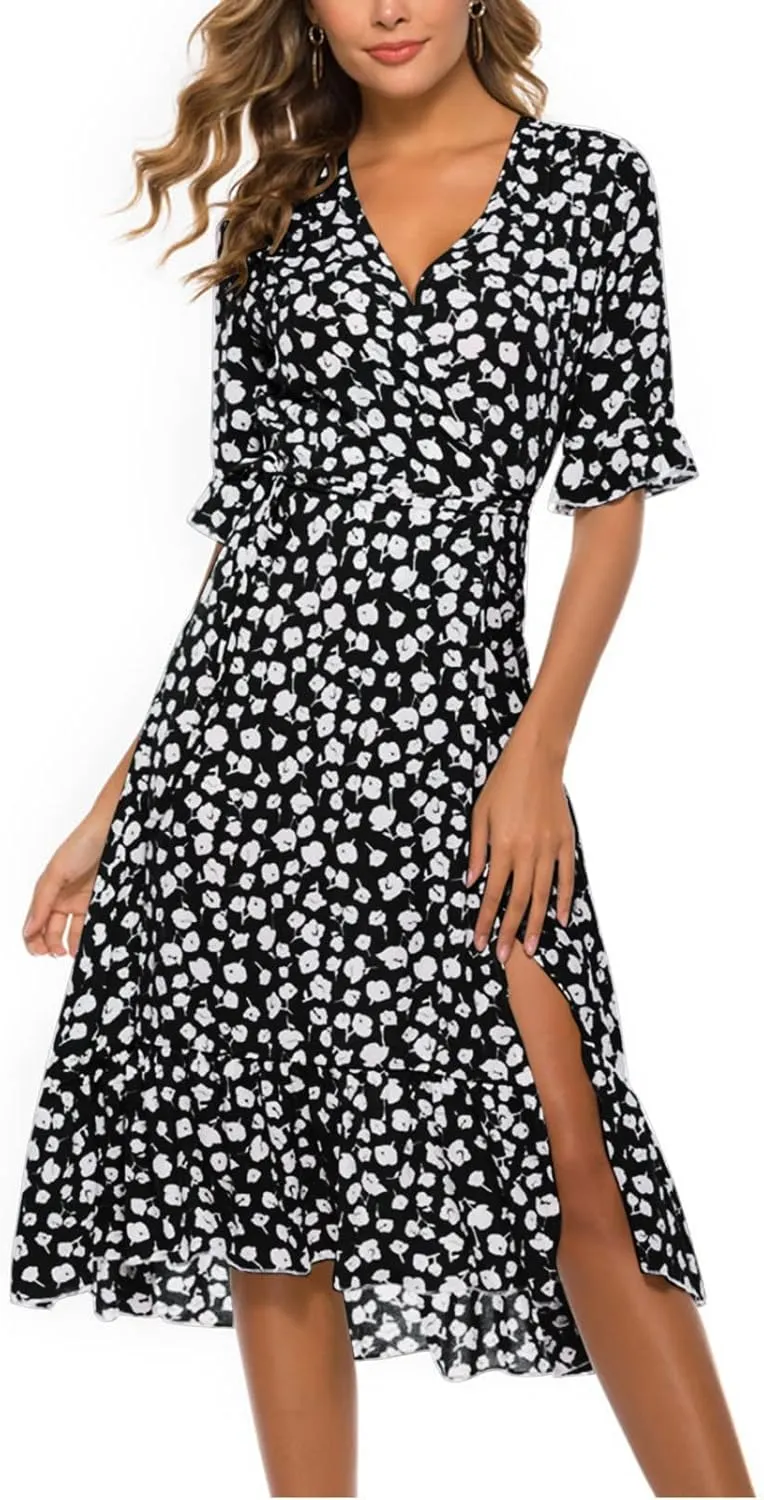 Women Summer Midi Dresses Casual Bohemian Floral Print Wrap V Neck Elbow Sleeve Beach Party Ruffle Midi Dress Sundress