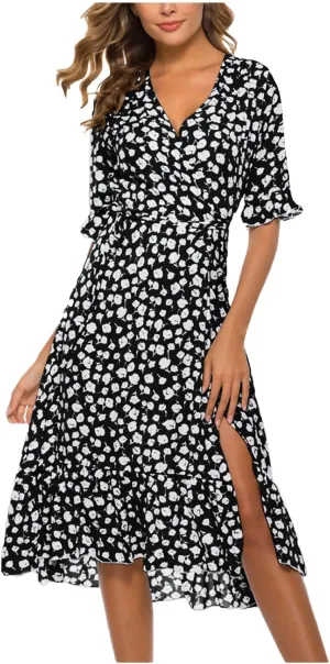 Women Summer Midi Dresses Casual Bohemian Floral Print Wrap V Neck Elbow Sleeve Beach Party Ruffle Midi Dress Sundress