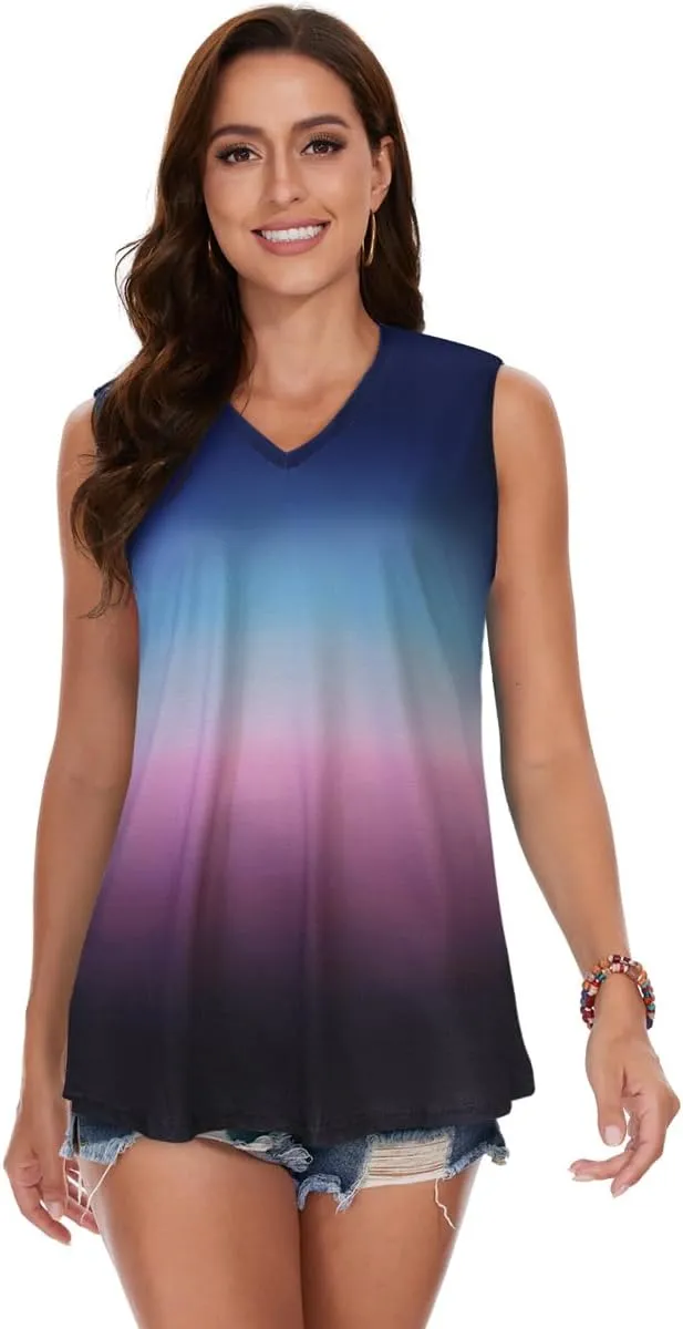 Women Summer Tops Sleeveless V Neck Tshirt Casual Loose Fit Tank Tunic Blouses