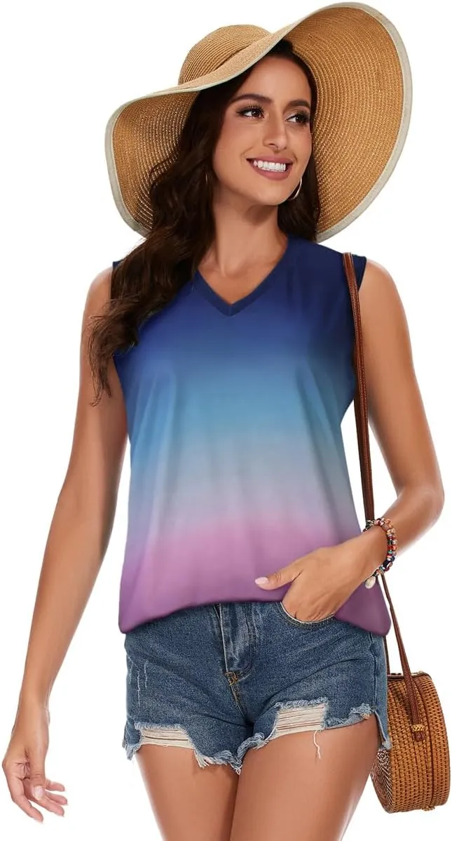 Women Summer Tops Sleeveless V Neck Tshirt Casual Loose Fit Tank Tunic Blouses