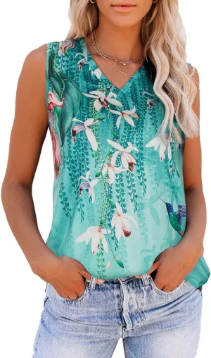 Women Summer Tops Sleeveless V Neck Tshirt Casual Loose Fit Tank Tunic Blouses