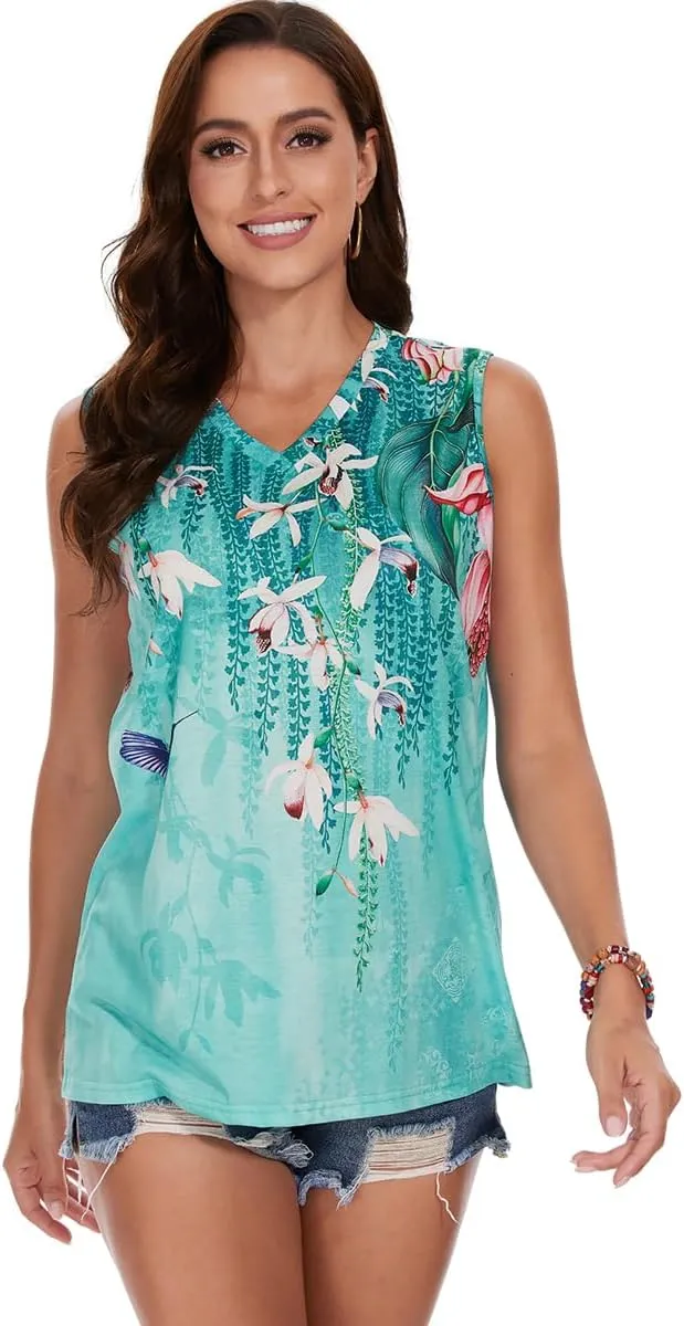 Women Summer Tops Sleeveless V Neck Tshirt Casual Loose Fit Tank Tunic Blouses