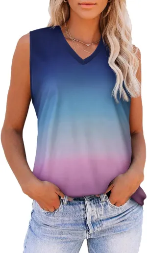 Women Summer Tops Sleeveless V Neck Tshirt Casual Loose Fit Tank Tunic Blouses