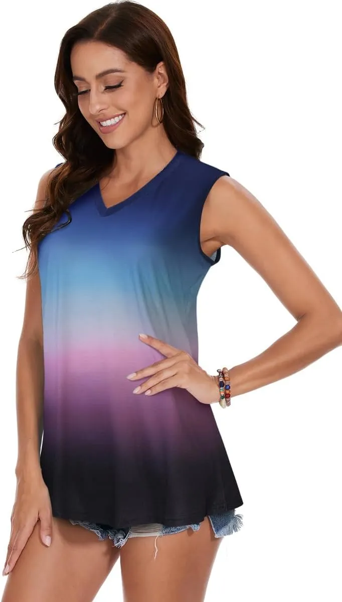 Women Summer Tops Sleeveless V Neck Tshirt Casual Loose Fit Tank Tunic Blouses
