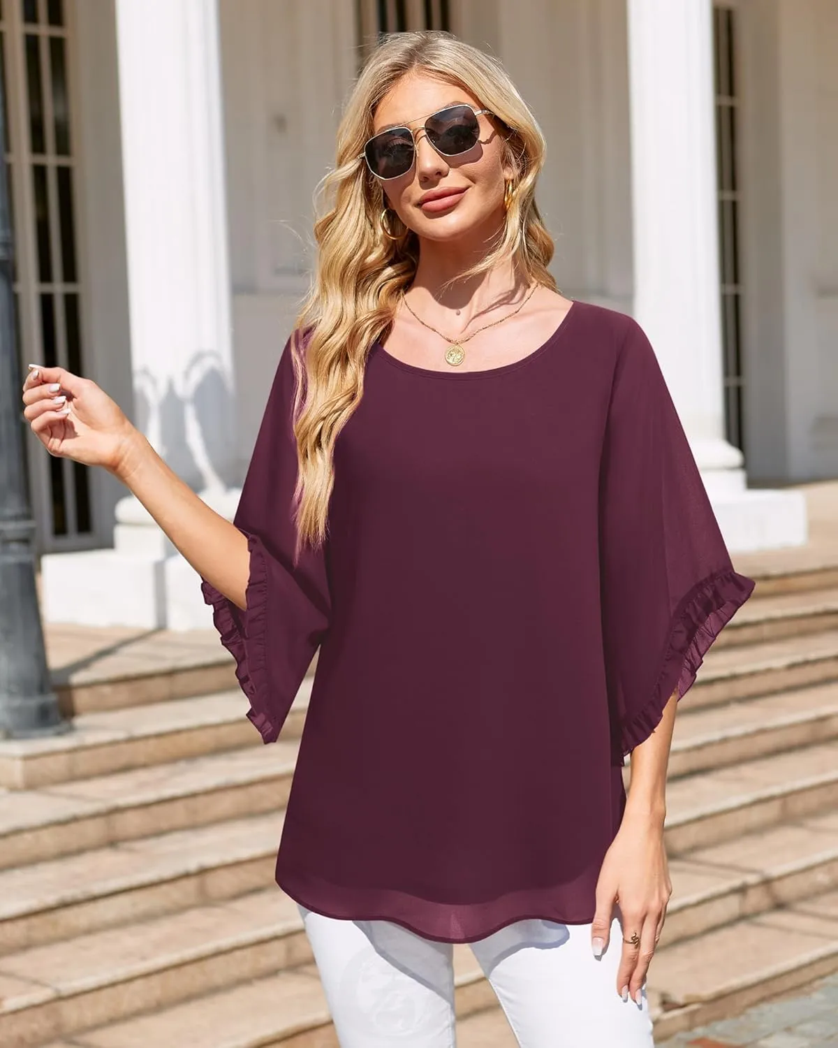 Women's 3/4 Ruffle Sleeve Blouse Tops Double Layers Flowy Shirts Elegant Chiffon Blouses