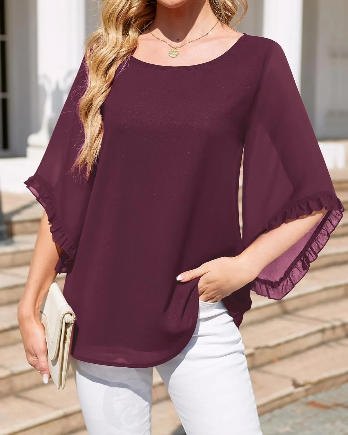 Women's 3/4 Ruffle Sleeve Blouse Tops Double Layers Flowy Shirts Elegant Chiffon Blouses