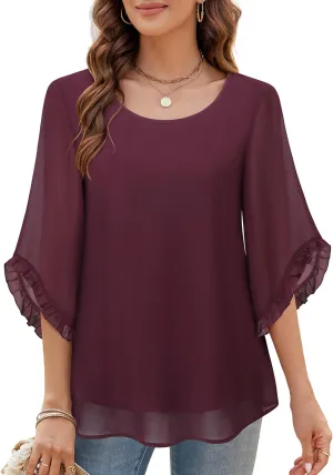 Women's 3/4 Ruffle Sleeve Blouse Tops Double Layers Flowy Shirts Elegant Chiffon Blouses