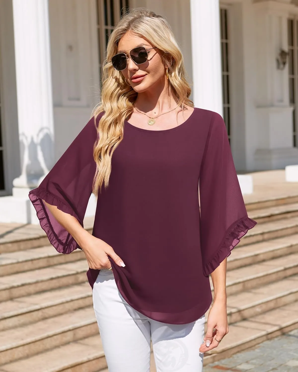 Women's 3/4 Ruffle Sleeve Blouse Tops Double Layers Flowy Shirts Elegant Chiffon Blouses