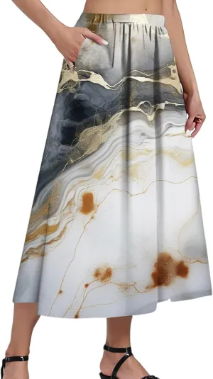 Womens A-Line Midi Skirts Casual Elastic High Waist Flowy Swing Pleated Beach Boho Long Skirt with Pocket