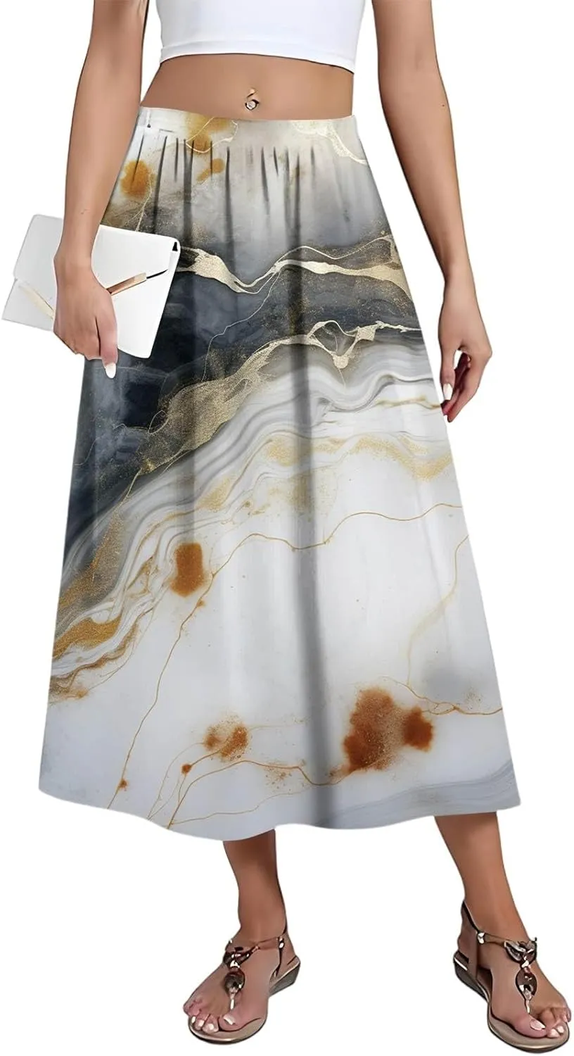 Womens A-Line Midi Skirts Casual Elastic High Waist Flowy Swing Pleated Beach Boho Long Skirt with Pocket