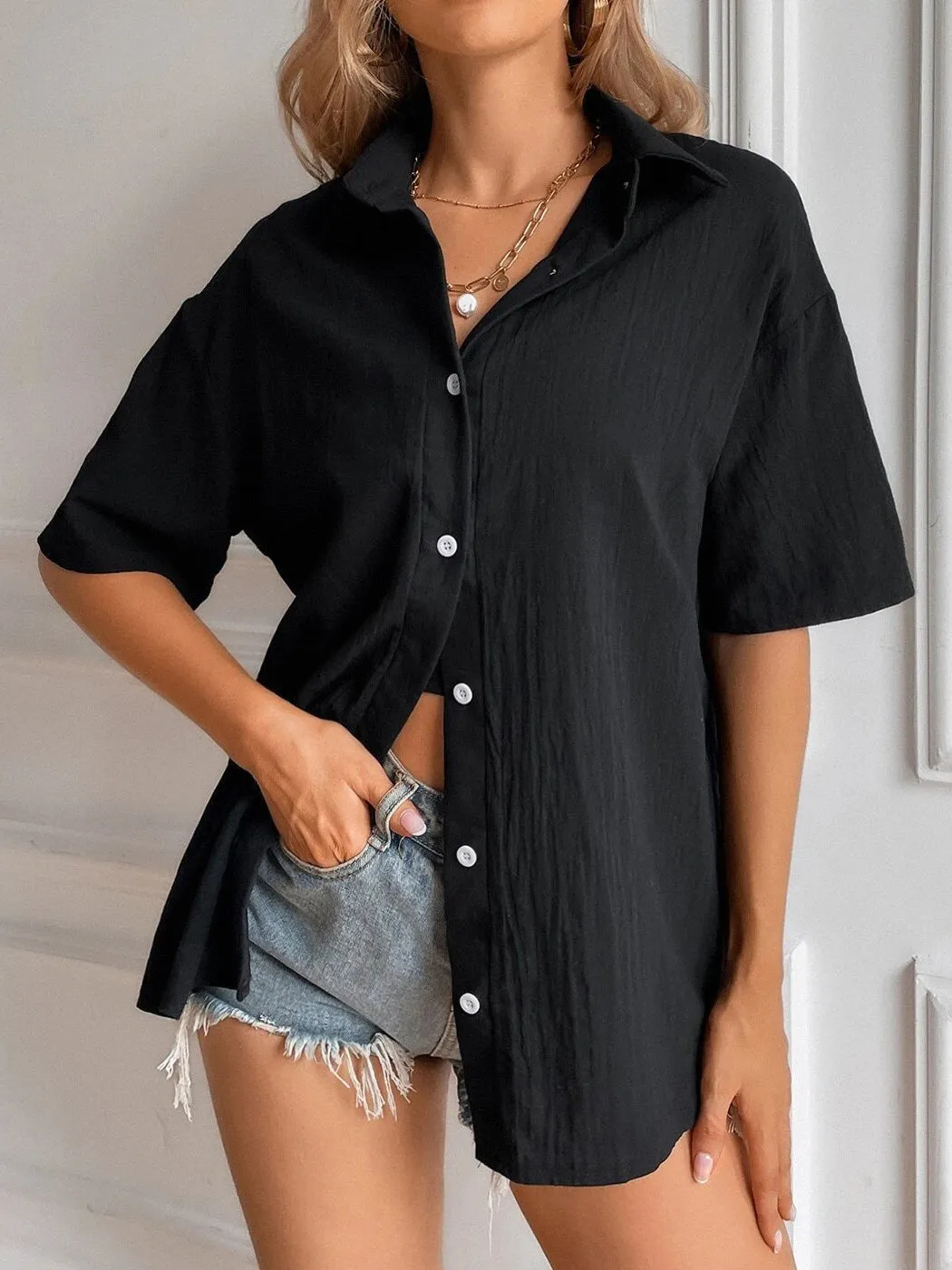 Women's Blouses Lapel Button Short Sleeve Casual Blouse