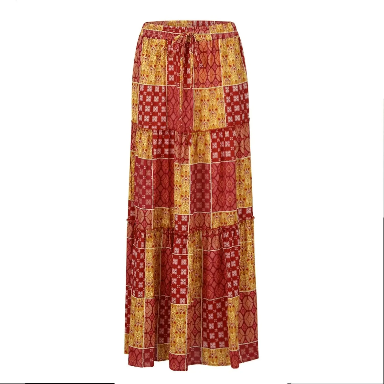 Womens Boho Floral Print Skirt Casual High Waist Tiered Maxi Skirts A Line Pleated Ruffle Flowy Long Skirt w/Pockets