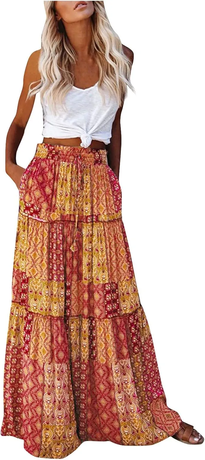 Womens Boho Floral Print Skirt Casual High Waist Tiered Maxi Skirts A Line Pleated Ruffle Flowy Long Skirt w/Pockets