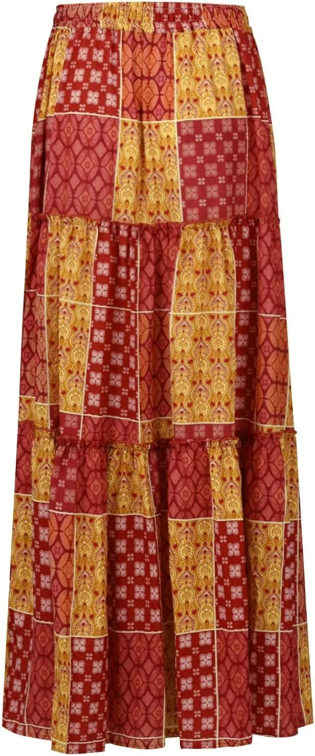 Womens Boho Floral Print Skirt Casual High Waist Tiered Maxi Skirts A Line Pleated Ruffle Flowy Long Skirt w/Pockets