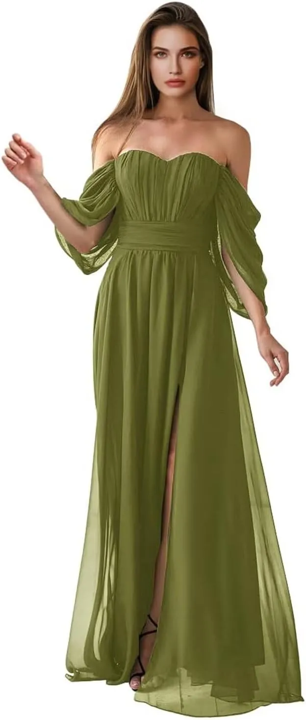 Women's Bridesmaid Dress Sweetheart Neck Ruffle Sleeve Off Shoulder Ruched Bust Long Chiffon Split Formal Dresses