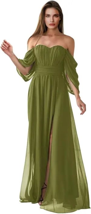 Women's Bridesmaid Dress Sweetheart Neck Ruffle Sleeve Off Shoulder Ruched Bust Long Chiffon Split Formal Dresses
