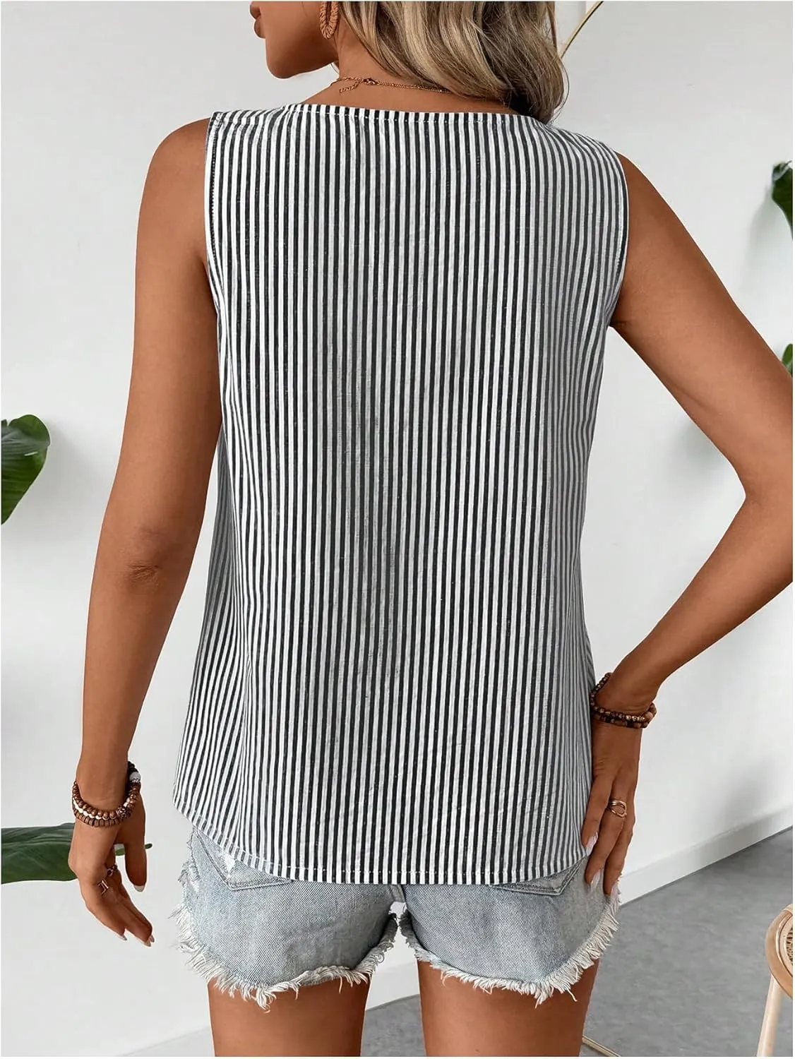 Women's Button Asymmetrical V Neck Striped Print Blouses Casual Sleeveless Tank Top Summer Shirt Tops
