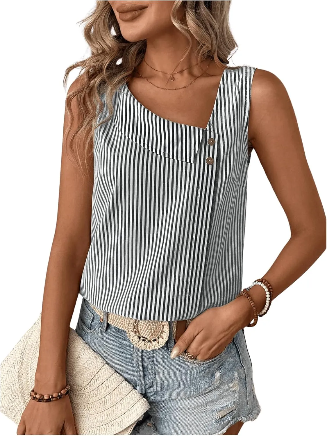 Women's Button Asymmetrical V Neck Striped Print Blouses Casual Sleeveless Tank Top Summer Shirt Tops