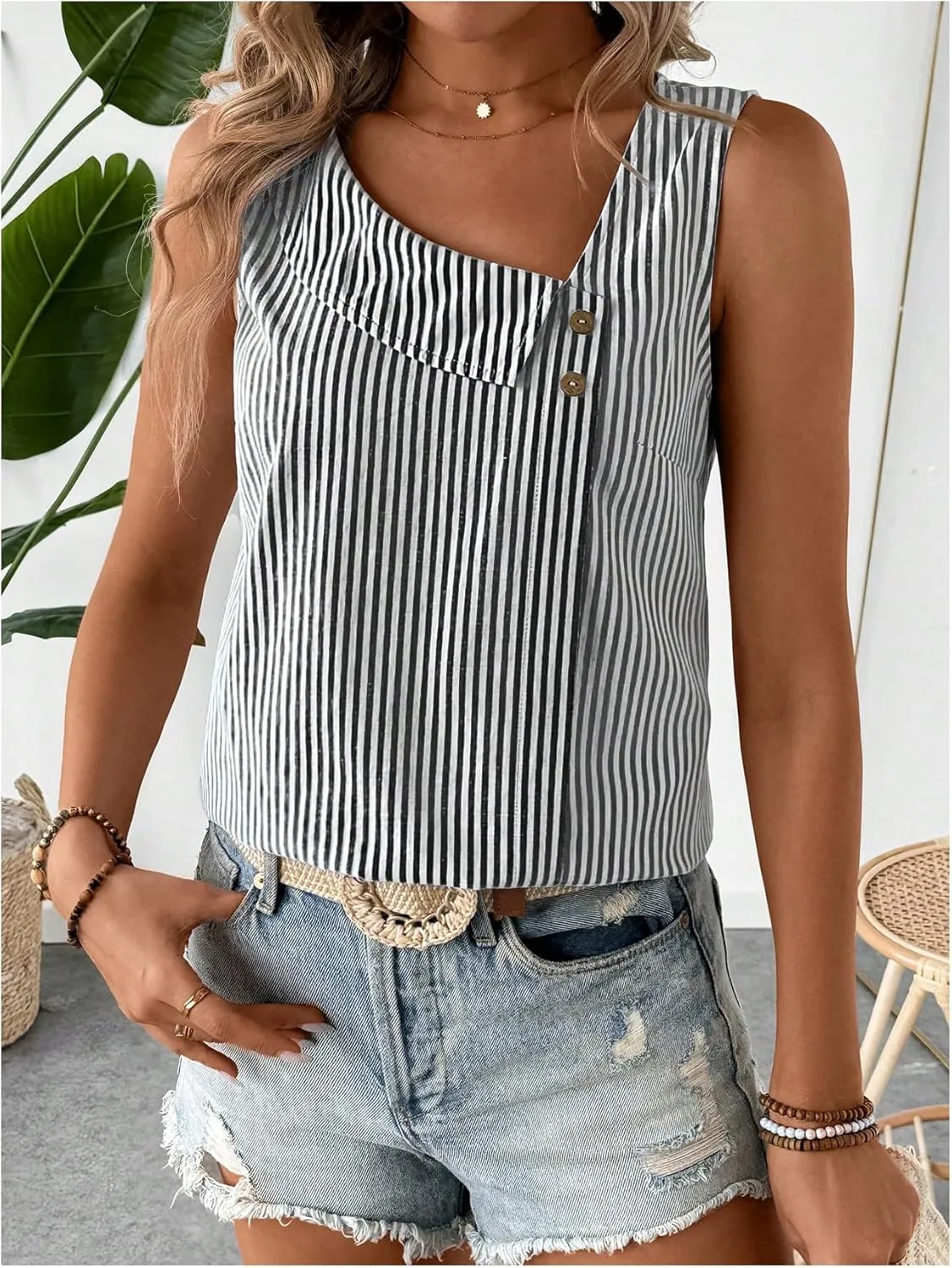 Women's Button Asymmetrical V Neck Striped Print Blouses Casual Sleeveless Tank Top Summer Shirt Tops