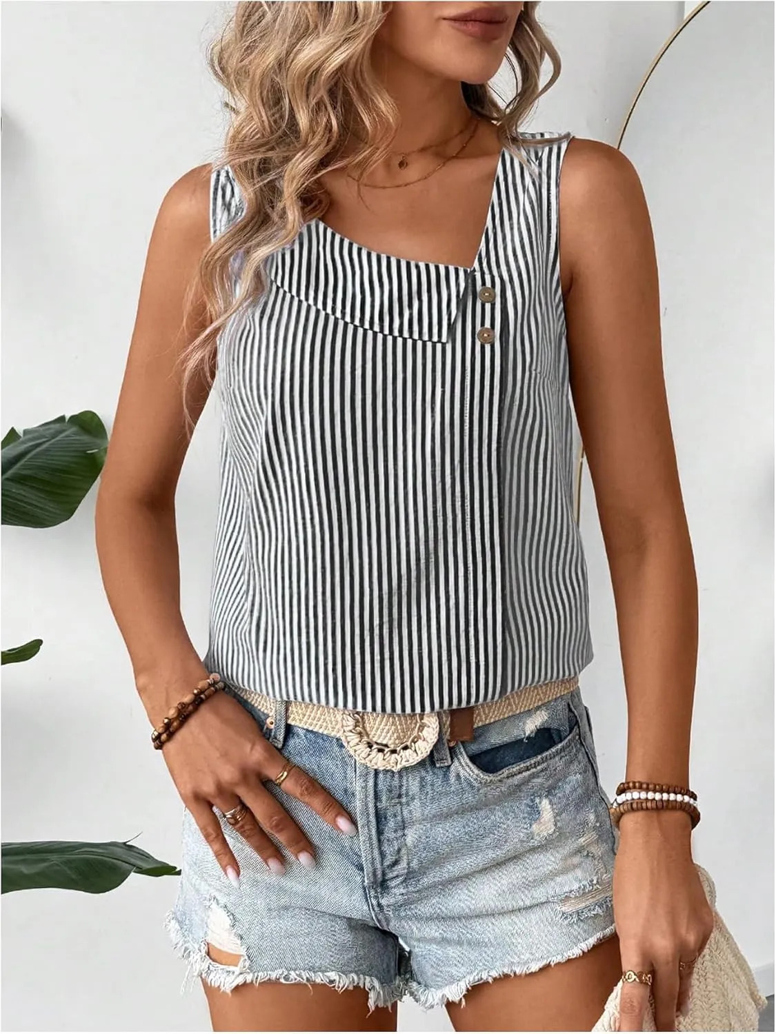 Women's Button Asymmetrical V Neck Striped Print Blouses Casual Sleeveless Tank Top Summer Shirt Tops