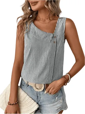 Women's Button Asymmetrical V Neck Striped Print Blouses Casual Sleeveless Tank Top Summer Shirt Tops