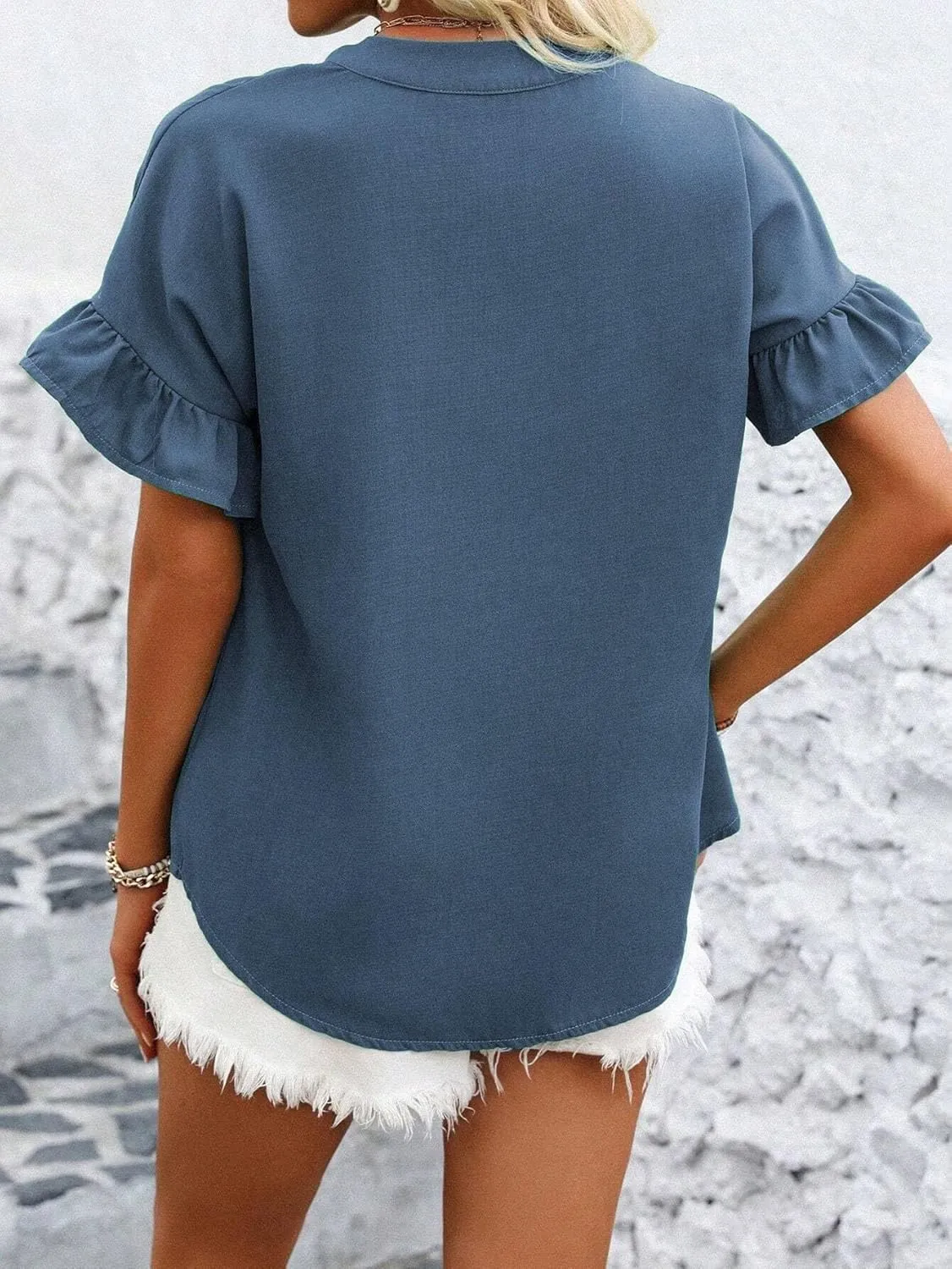 Womens Button Down Shirts Ruffle Ruched Short Sleeve Tops Summer Solid Casual Work Business Blouses