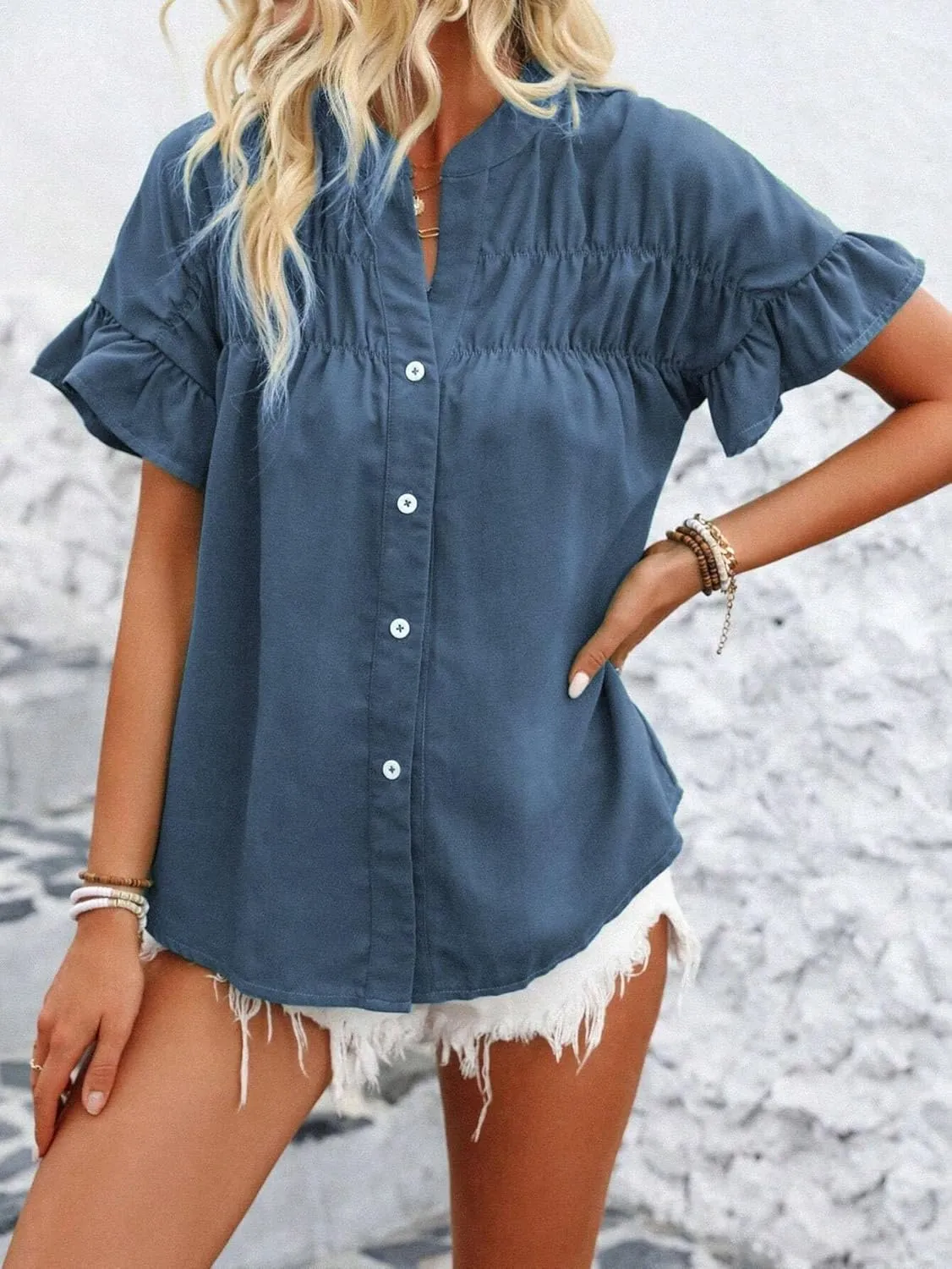 Womens Button Down Shirts Ruffle Ruched Short Sleeve Tops Summer Solid Casual Work Business Blouses