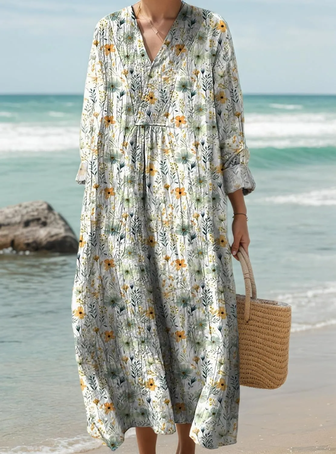 Womens Casual Boho Floral V Neck Long Sleeve Midi Dress Spring Summer Loose Swing Flowy Plus Size Dresses with Pockets