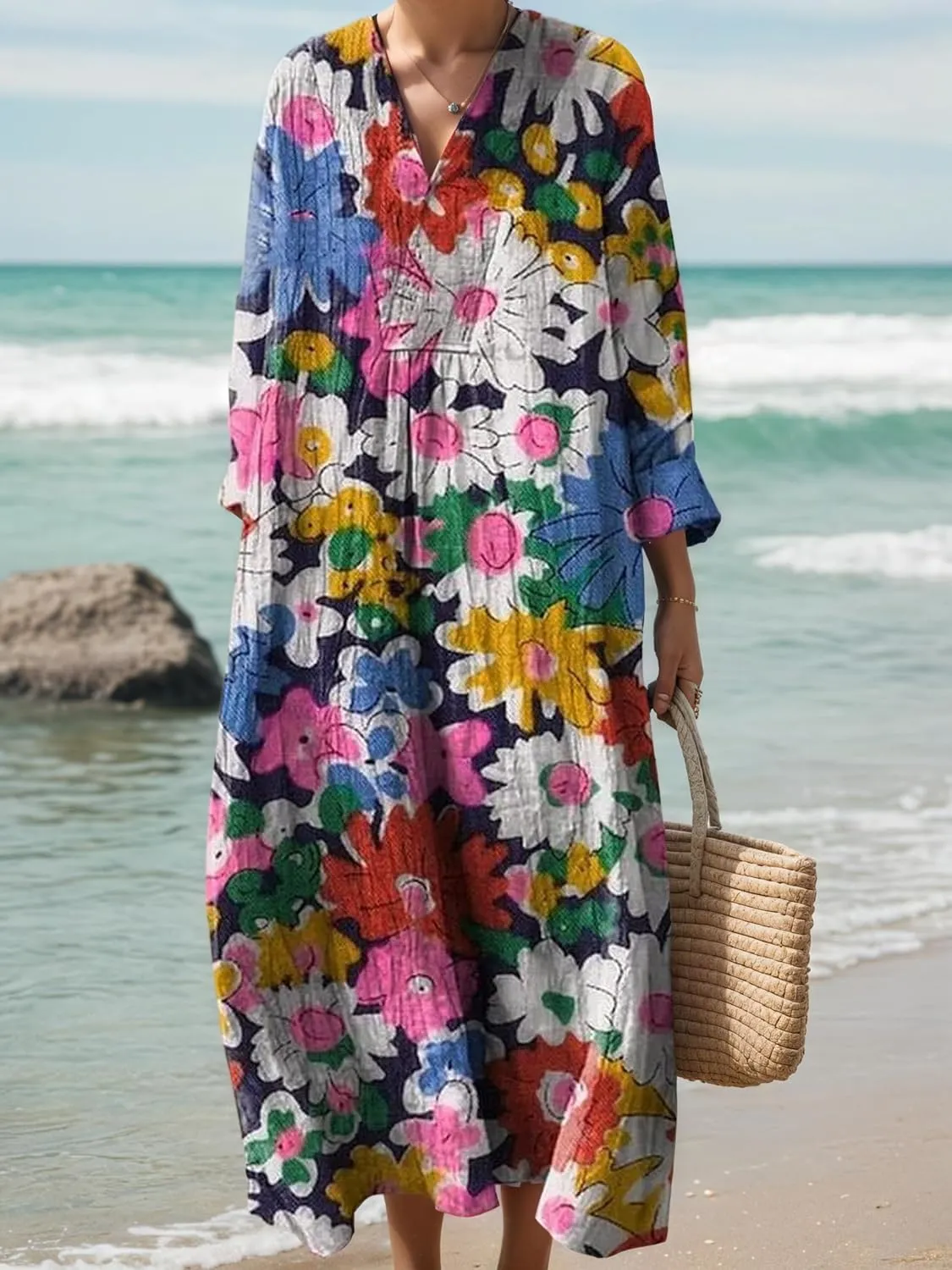 Womens Casual Boho Floral V Neck Long Sleeve Midi Dress Spring Summer Loose Swing Flowy Plus Size Dresses with Pockets