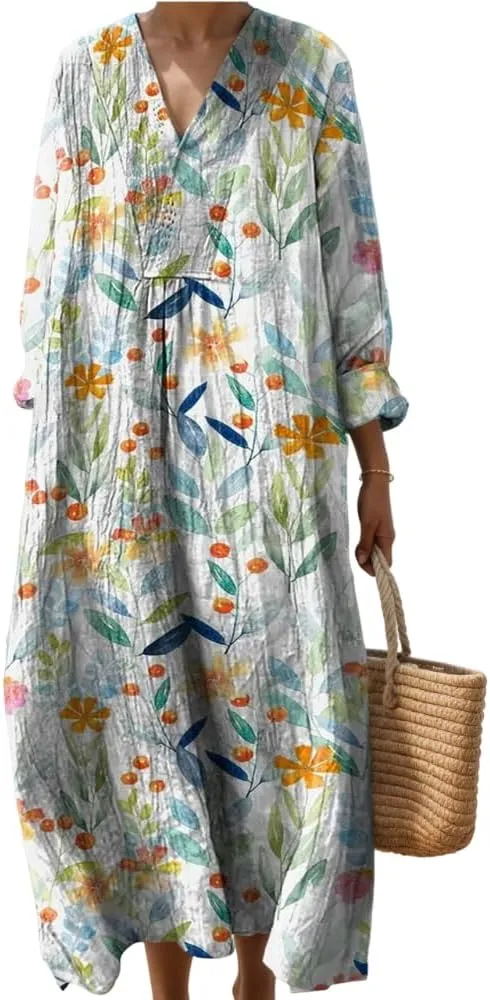 Womens Casual Boho Floral V Neck Long Sleeve Midi Dress Spring Summer Loose Swing Flowy Plus Size Dresses with Pockets