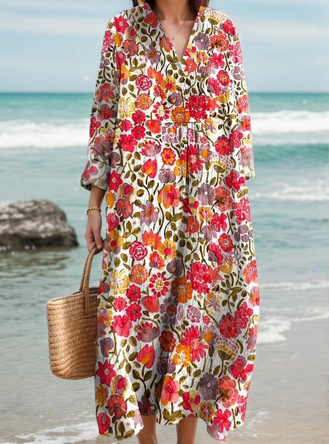 Womens Casual Boho Floral V Neck Long Sleeve Midi Dress Spring Summer Loose Swing Flowy Plus Size Dresses with Pockets